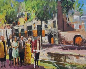 Rob Jacobs schildert doek van 80x100cm, tijdens Jubileum, in Zuid-Holland te Delft.
