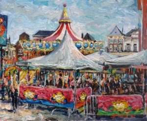 Rob Jacobs schildert doek van 60x50cm, van Kermis, in Noord-Brabant te Den Bosch.