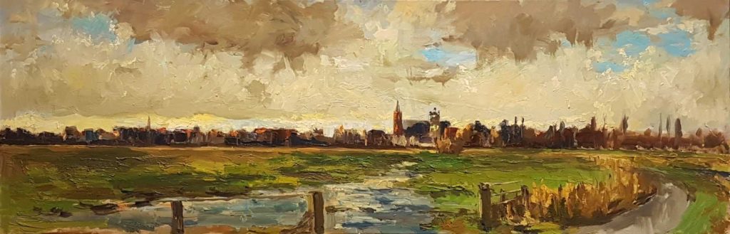 Rob Jacobs schildert doek van 150x50cm oil tijdens het landschap van BosschBroek, Noord-Brabant.