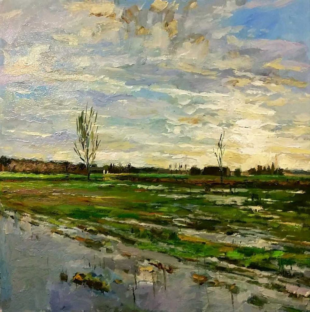 Rob Jacobs schildert doek van 70x70cm oil tijdens het landschap van BosscheBroek.