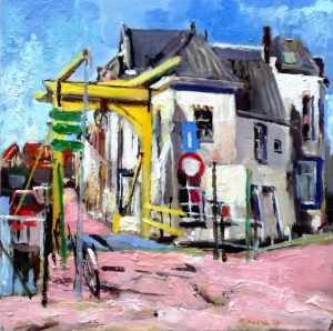 Live paint Landschap GeleBrugMaassluis 40x40cm acryl 160416 Rob Jacobs