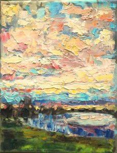 Rob Jacobs schildert doek van 18x24cm, tijdens landschap bij Maas 1.