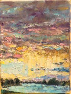 Rob Jacobs schildert doek van 18x24cm, tijdens landschap bij Maas 6.