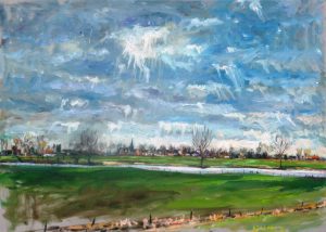 Rob Jacobs schildert doek van 70x50cm, van Landschap, in Noord-Brabant te Bokhoven.