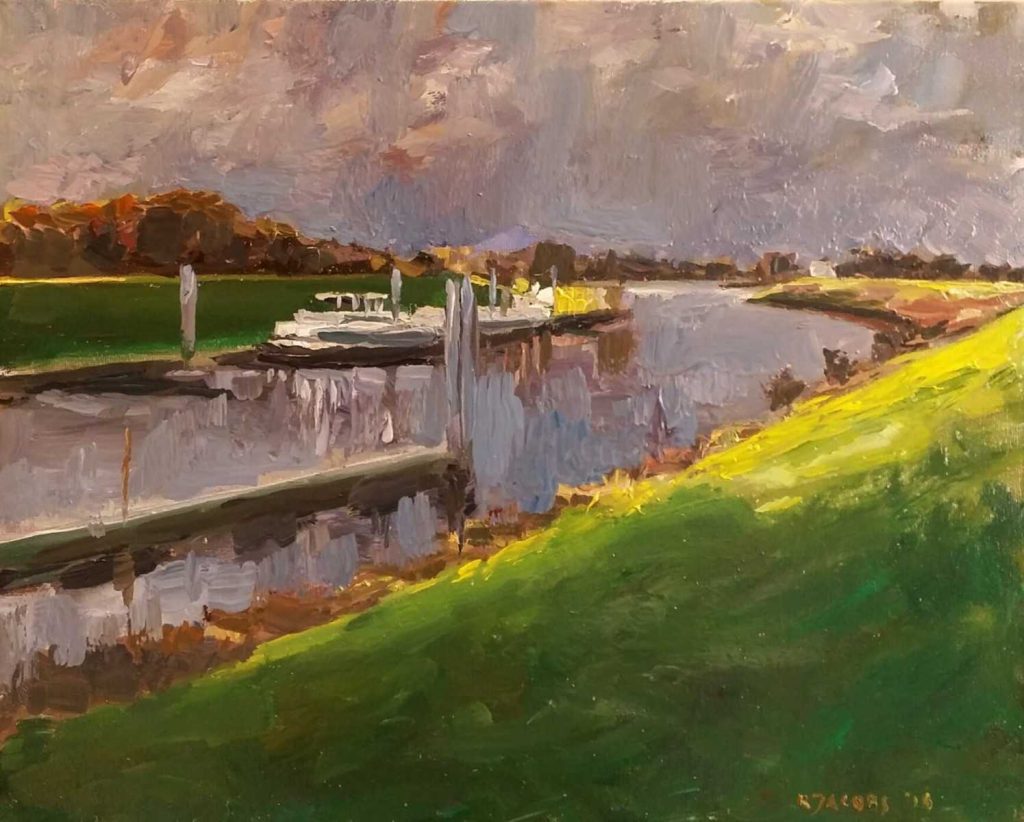 Rob Jacobs schildert doek van 50x40cm oil tijdens het landschap van Sluis Engelen.