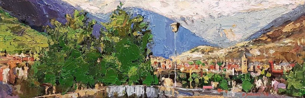 Rob Jacobs schildert doek van 60x20cm acryloil tijdens het landschap van View Aosta, It.