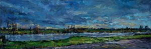 Rob Jacobs schildert doek van 120x40cm, van Maas Ammerzoden, in Gelderland te Ammerzoden.