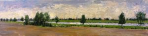 Rob Jacobs schildert doek van 120x30cm, van Maas Ammerzoden 2, in Gelderland te Ammerzoden.