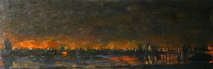 Rob Jacobs schildert doek van 120x40cm, van Maas at night II.