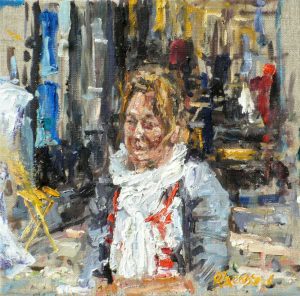 Rob Jacobs schildert doek van 30x30cm, van Monique.