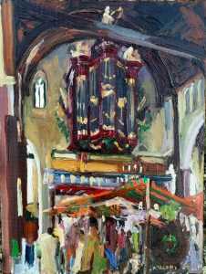 Rob Jacobs schildert doek van 24x30cm in de kerk met een orgel in Naaldwijk, Zuid-Holland op 15 maart 2020.