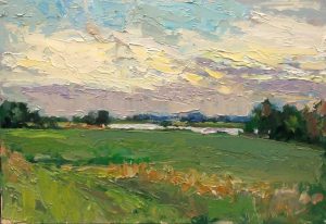 Rob Jacobs schildert doek van Oude Dieze, van 45x305cm, op paneel, in Noord-Brabant te Henriëttewaard.
