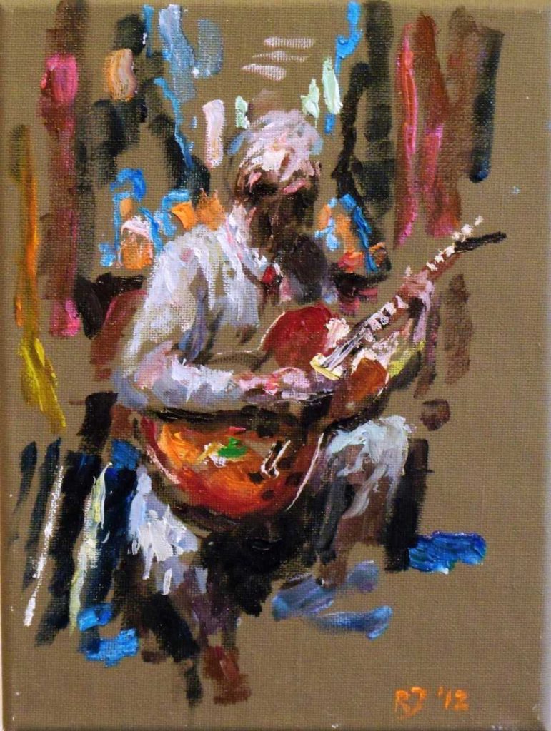 Rob Jacobs schildert doek van 18x24cm, portret van een gitarist.