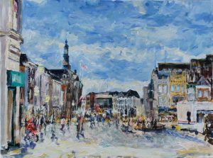 Rob Jacobs schildert doek van 80x60cm, van Schapenmarkt, in Noord-Brabant te Den Bosch.