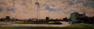 Rob Jacobs schildert doek van 20x60cm acryl tijdens de skyline op de Engelsedijk in Den Bosch.