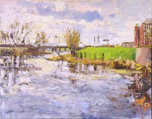 Rob Jacobs schildert doek van 90x70cm, van Spoorbrug De Dommel Heetmanplein, in Noord-Brabant te Wauberg.