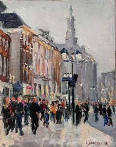 Rob Jacobs schildert doek van 24x30cm, van het Stadsbeeld.