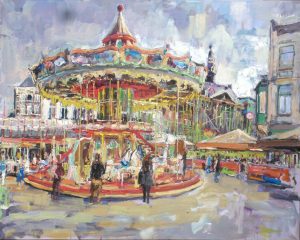 Rob Jacobs schildert doek van 150x120cm, stadsbeeld met een draaimolen bij Hesselse Poepjée.