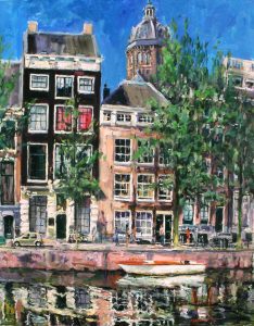 Rob Jacobs schildert doek van 80x100cm, stadsbeeld op de Geldersekade 14 in Amsterdam.