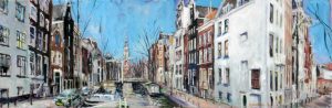 Rob Jacobs schildert doek van 150x50cm, stadsbeeld op de Groenburgwal.