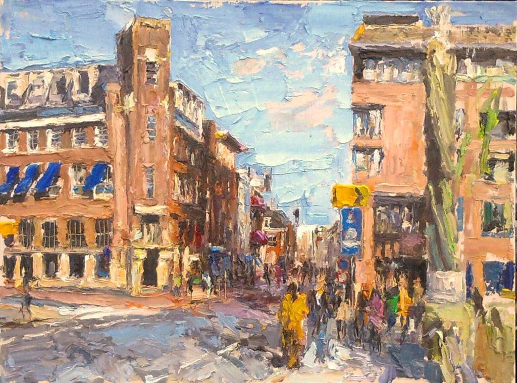 Rob Jacobs schildert doek van 61x45cm olie tijdens een stadsleven in Den Bosch, op de America Today Visstraat.