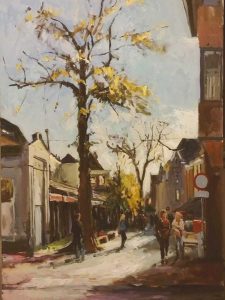 Rob Jacobs schildert doek van Stadsleven, in Den Bosch, Noord-Brabant.