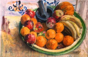 Rob Jacobs schildert doek van 60x40cm, stilleven van een fruitschaal.