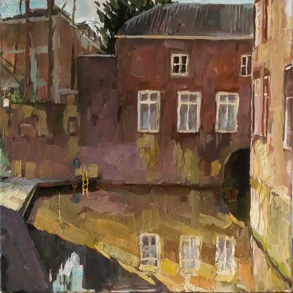 Rob Jacobs schildert een stilleven van Over de Dieze in 's-Hertogenbosch op een doek van 40x40cm in Noord-Brabant.