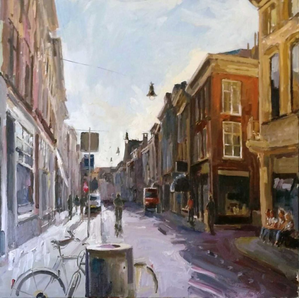 Rob Jacobs schildert een straatbeeld van de Vughterstraat in 's-Hertogenbosch op een doek van 80x80cm in Noord-Brabant.