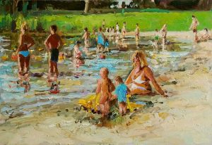 Rob Jacobs schildert doek van Strand Engelermeer1, Zwemmen.