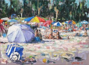 Rob Jacobs schildert doek van 40x30cm, van Strand, in Noord-Holland.