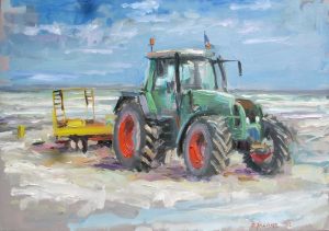Rob Jacobs schildert doek van 70x50cm, van een Strandtraktor, in Noord-Holland.