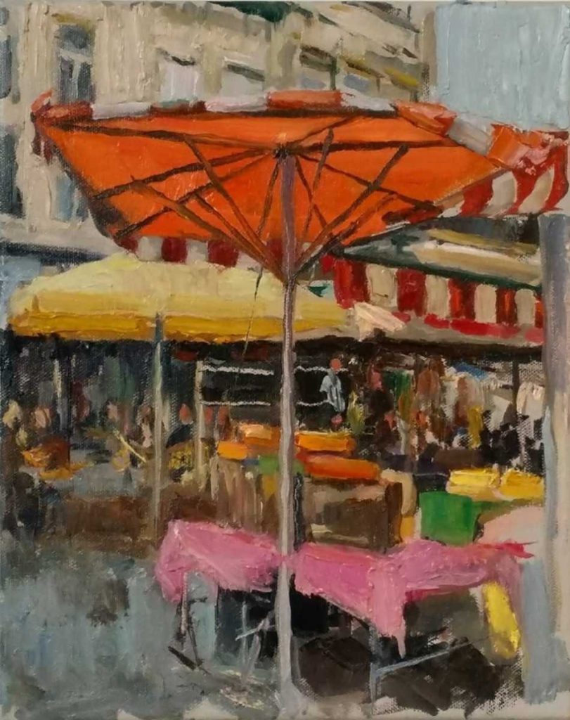 Rob Jacobs schildert doek van 25x35cm, op het terras van De Kaaskoning in Noord-Brabant.