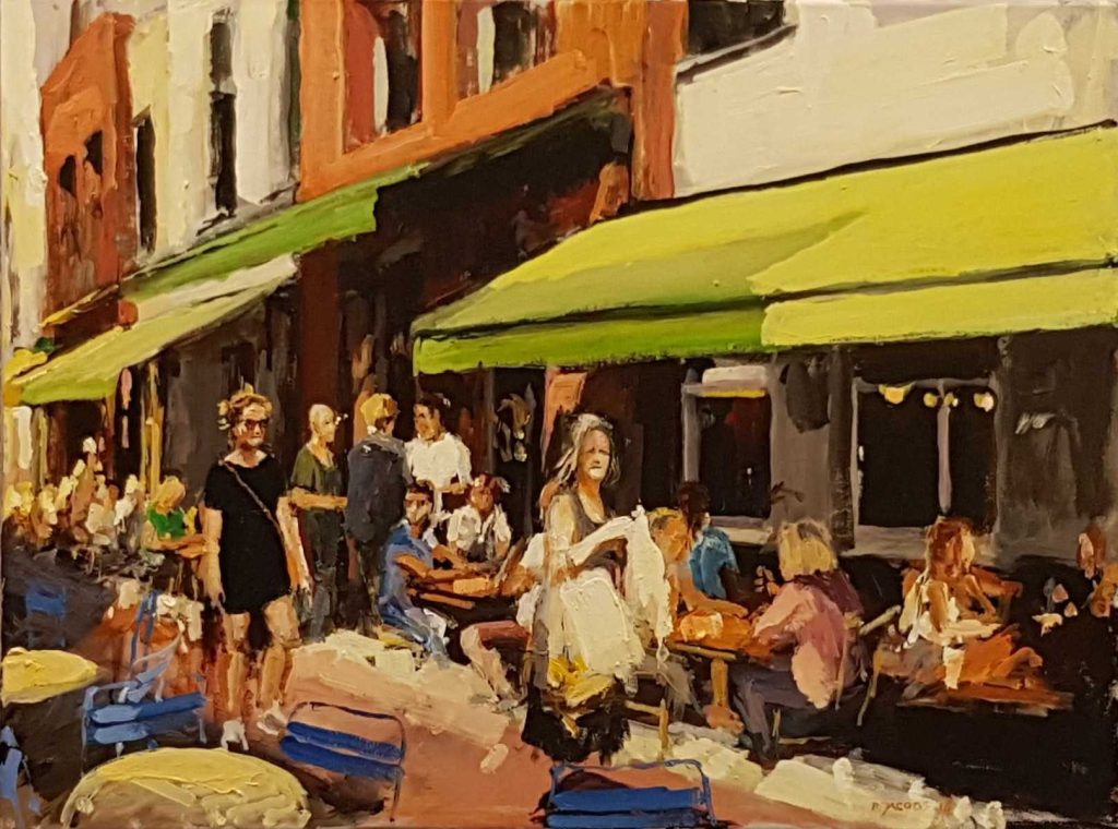 Rob Jacobs schildert doek van 60x80cm acryl tijdens de terrassen in de Korte Putstraat, Den Bosch.