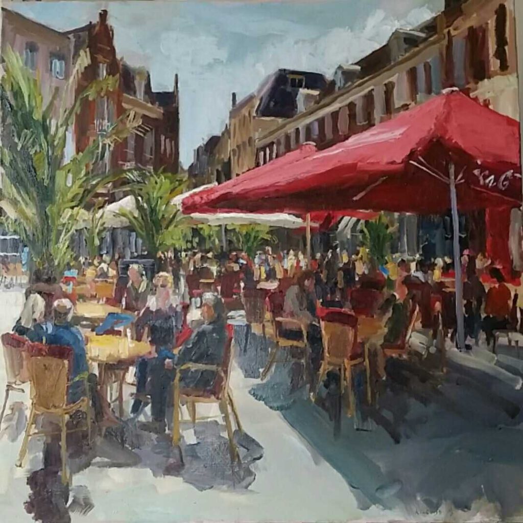 Rob Jacobs schildert een terrasgezicht in Den Haag in Zuid-Holland op een doek van 80x80cm.