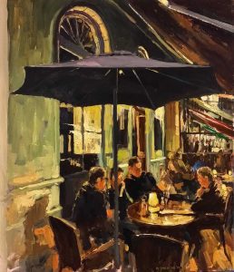 Rob Jacobs schildert doek van Terras Christoffel, Borrel.