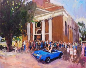 Rob Jacobs schildert doek van 80x100cm, tijdens Trouwdag, in Zuid-Holland te Schipluiden.