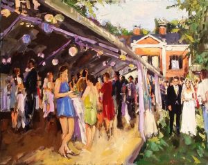 Rob Jacobs schildert doek van 100x80cm, tijdens Trouwfeest, in Groningen te Groningen.