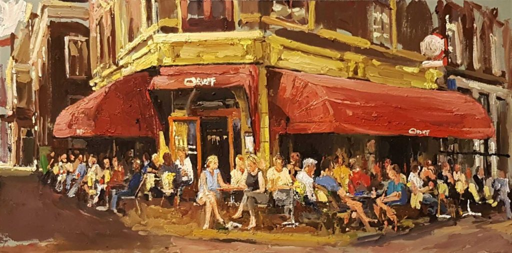 Rob Jacobs schildert doek van 57x32cm oilpanel tijdens de zonsondergang op het terras van Orloff in Utrecht.