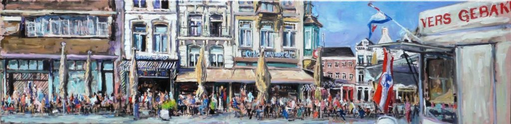 Rob Jacobs schildert doek van 160x40 van de vismarkt.