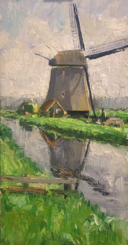 Rob Jacobs schildert doek van 140x70cm, van Watermolen Egmond, in Noord-Holland te Egmond.