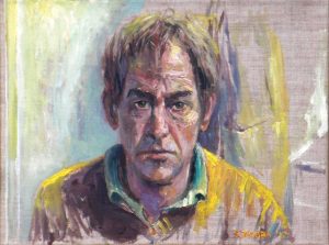 Rob Jacobs schildert doek van 40x30cm, zelfportret Me again.
