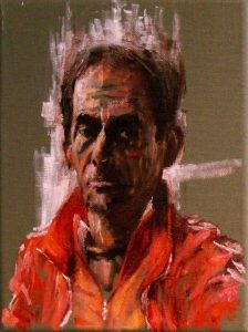 Rob Jacobs schildert doek van 18x24cm, tijdens zelfportret bij Me.