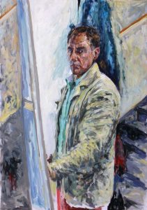 Rob Jacobs schildert doek van 70x100cm, van Zelfportret, in Noord-Brabant te Den Bosch.