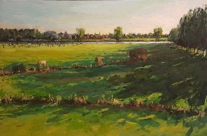 Rob Jacobs schildert doek van 80x120cm, tijdens zicht op Bokhoven aan de Maas vanuit Ammerzoden, in Noord-Brabant.