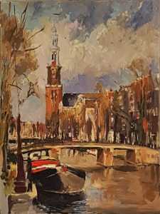 Live paint Zonsondergang Amsterdam Prinsengracht Westertoren 30x40cm Rob Jacobs