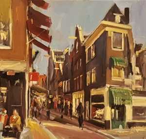 Live paint Zonsondergang Amsterdam Rokin OudeTurfmarkt 50x50cm Rob Jacobs