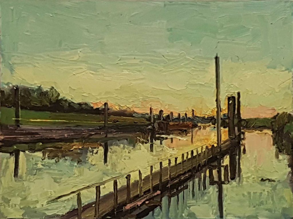 Rob Jacobs schildert doek van 30x40cm oil tijdens de zonsondergang in Sluis Engelen.