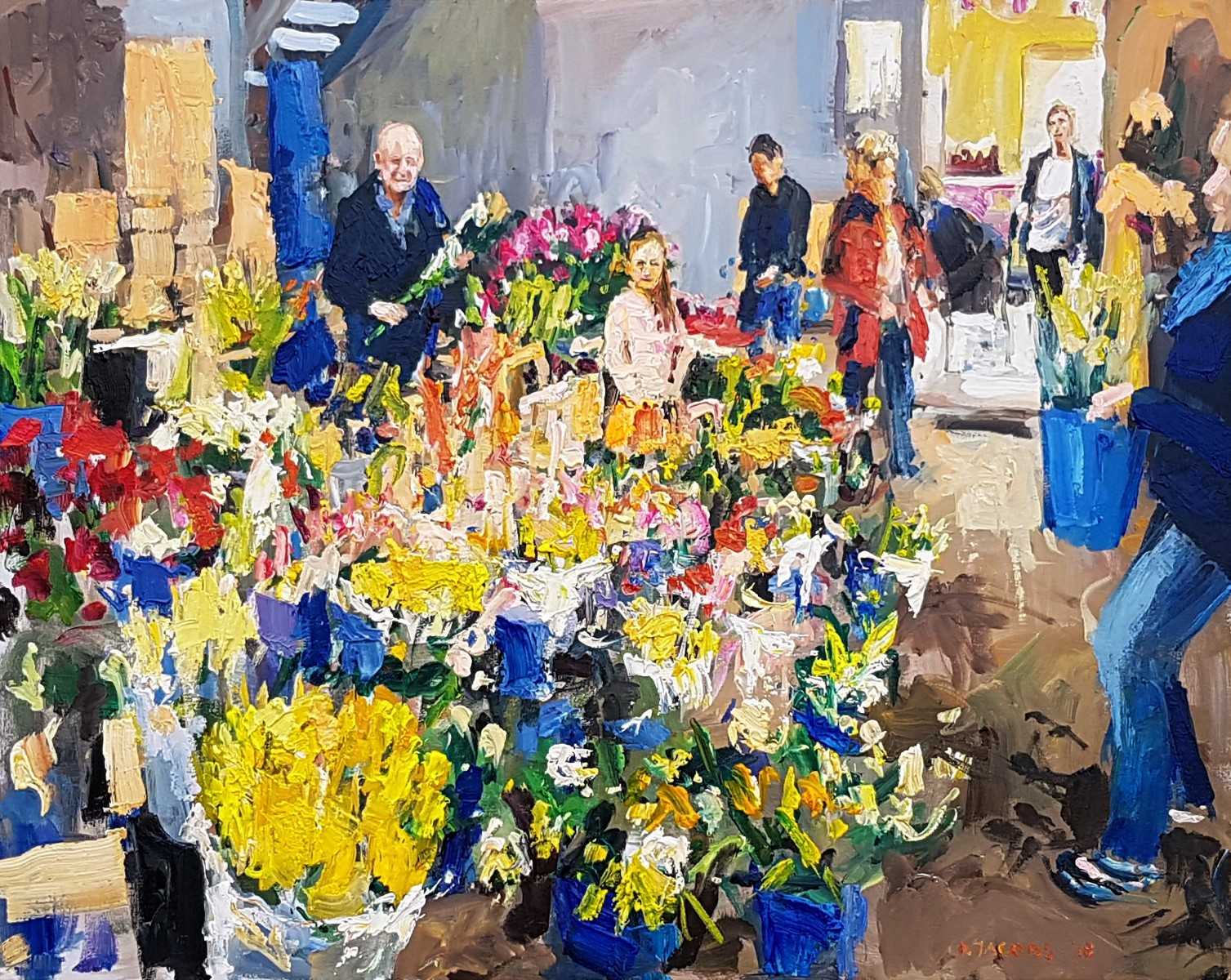 Rob Jacobs schildert doek van 80x100cm, tijdens bloemenceremonie, in Noord-Holland te Limmen.