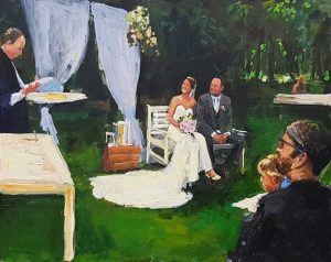 Rob Jacobs schildert doek van 80x100cm, tijdens ceremonie, in Zuid-Holland te Rijswijk.